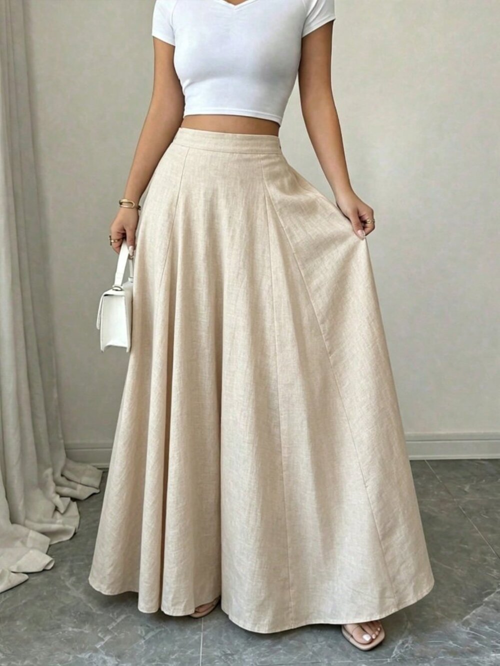 Apricot Casual Women's Twist Elastic Waist Long Loose Plain Wide Leg Trousers